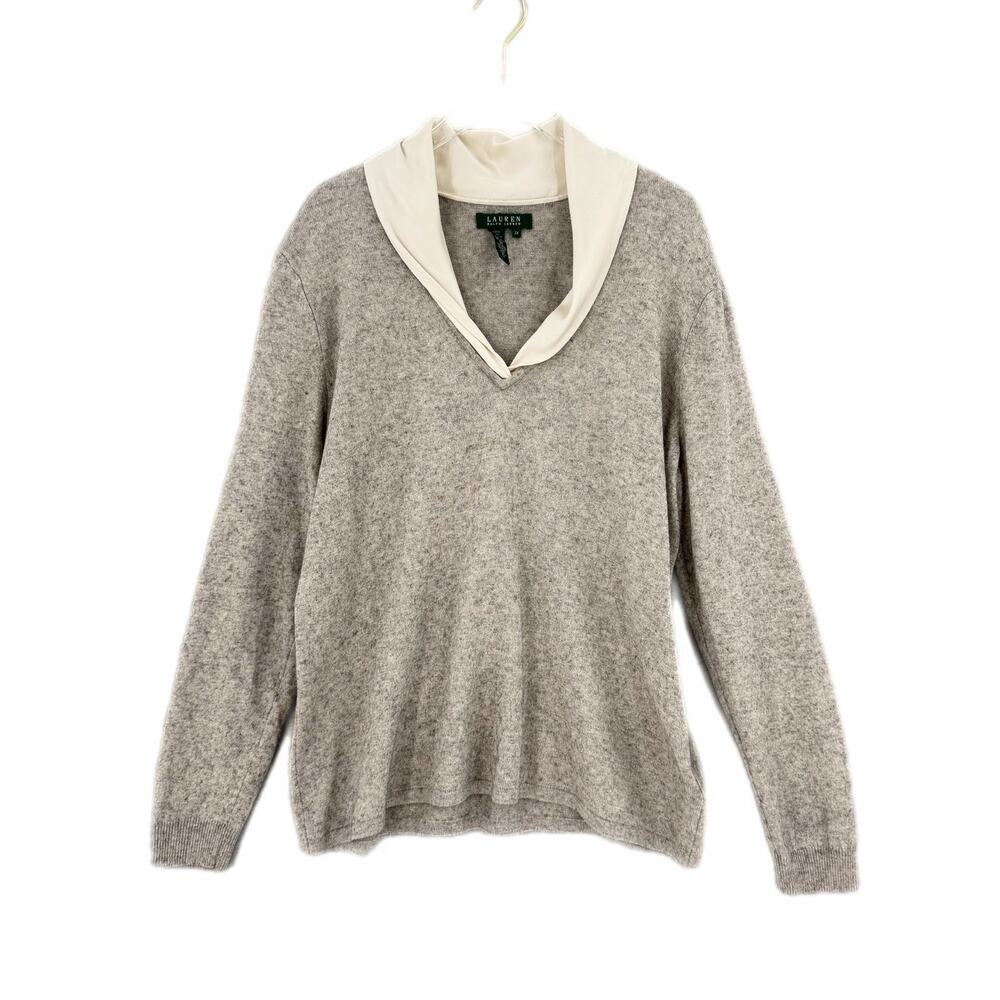 Lauren Ralph Lauren PLUS Gray Ivory Cashmere Silk Academia Preppy Twofer Sweater
